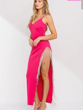 Hot Pink Fringe-Side Maxi Dress